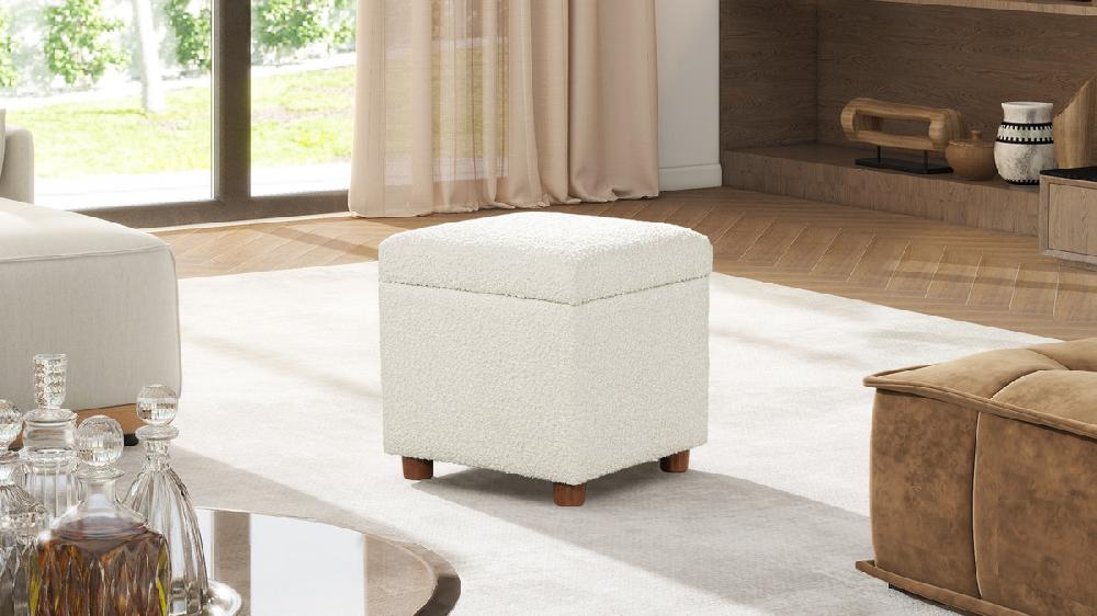 Jennifer Taylor Home Jacob 18" Storage Cube Ottoman Ivory White Bouclé