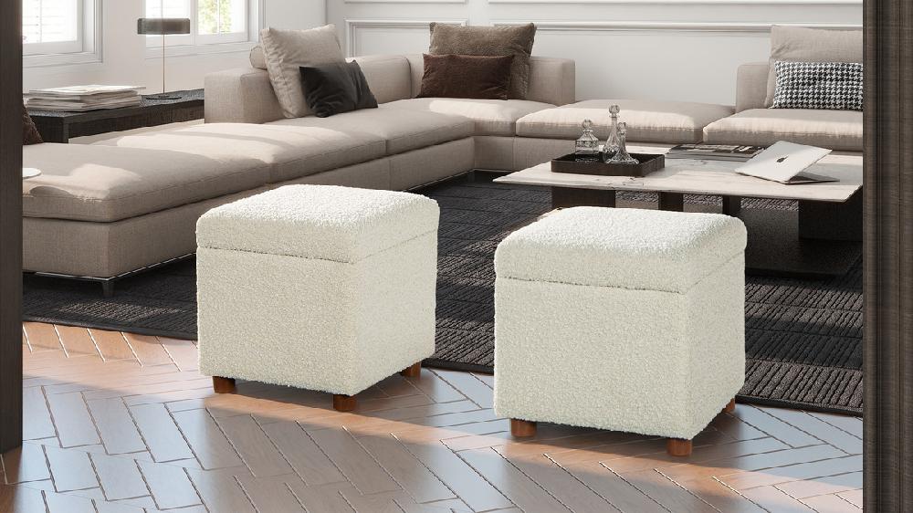 Jennifer Taylor Home Jacob 18" Storage Cube Ottoman Ivory White Bouclé