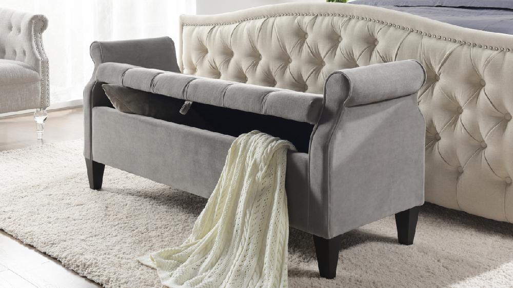Jennifer Taylor Home Jacqueline Flip Top Tufted Roll Arm Storage Bench Opal Grey