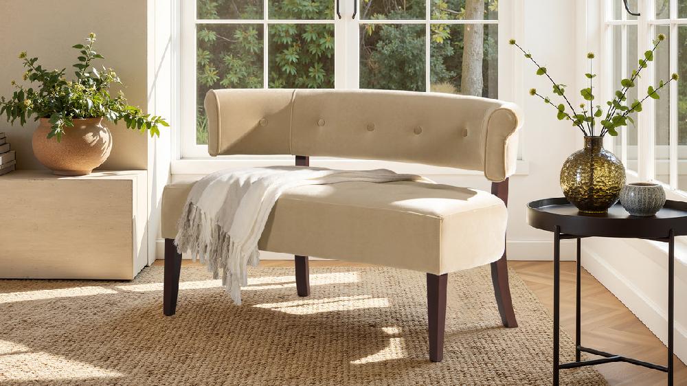Jennifer Taylor Home Jared Roll Arm Tufted Bench Settee Fawn Brown Performance Velvet