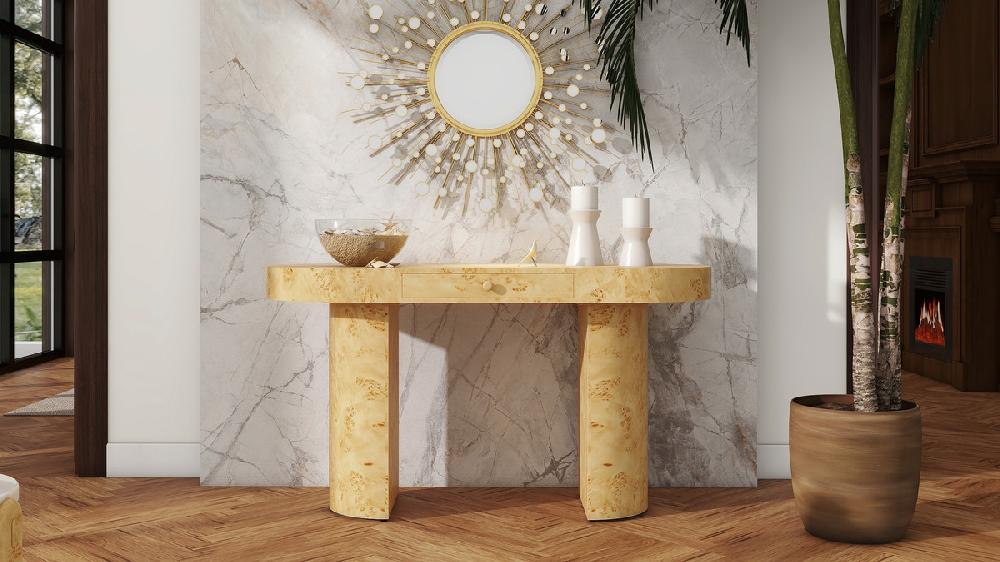 Jennifer Taylor Home Jesse 55.5" Burl Wood Single Drawer Oval Computer Desk Warm Natural Brown