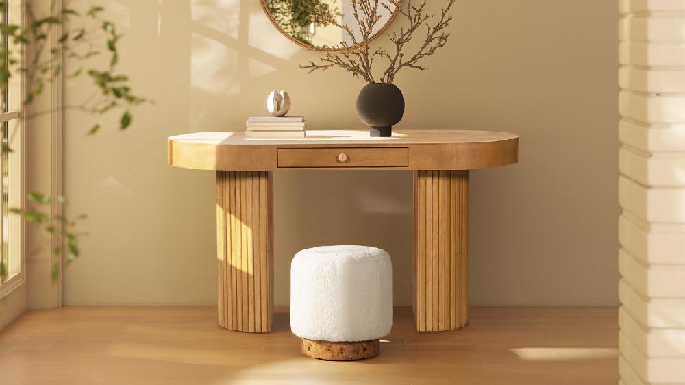 Jennifer Taylor Home Jesse 55.5" Single Drawer Fluted Oval Console Desk Honey Brown