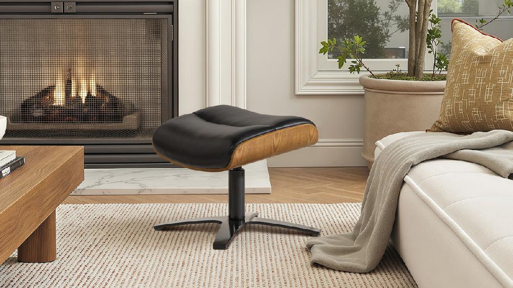 Jennifer Taylor Home Jovan 20.5" Mid-Century Modern Genuine Leather Footstool Ottoman Shadow Gray