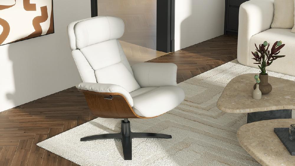 Jennifer Taylor Home Jovan 31.5" Mid-Century Modern Genuine Leather Recliner Lounge Chair Porcelain White