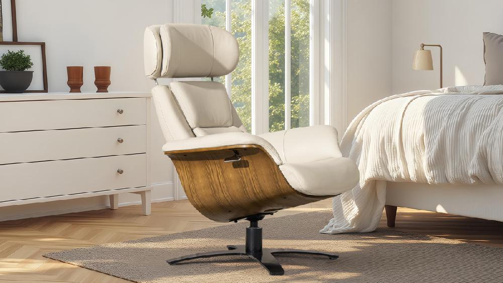 Jennifer Taylor Home Jovan 31.5" Mid-Century Modern Genuine Leather Recliner Lounge Chair Pastel Beige