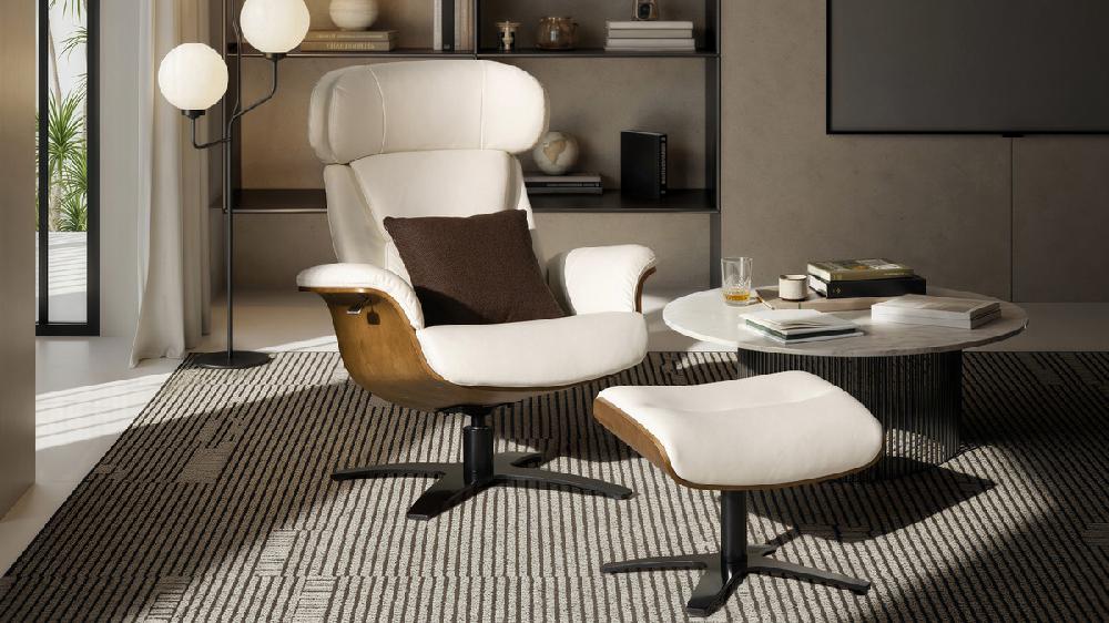 Jennifer Taylor Home Jovan 31.5" Mid-Century Modern Genuine Leather Recliner Lounge Chair & Ottoman Set Porcelain White