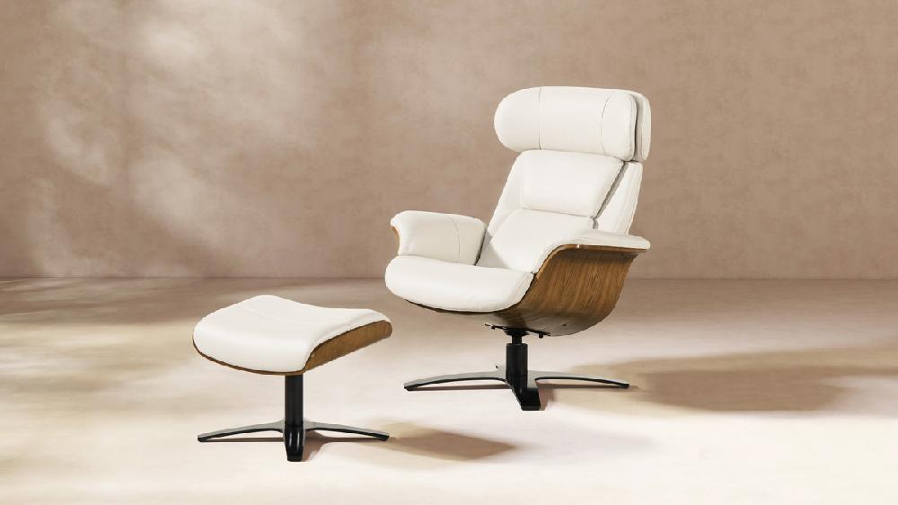Jennifer Taylor Home Jovan 31.5" Mid-Century Modern Genuine Leather Recliner Lounge Chair & Ottoman Set Porcelain White