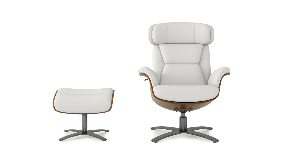 Jennifer Taylor Home Jovan 31.5" Mid-Century Modern Genuine Leather Recliner Lounge Chair & Ottoman Set Porcelain White