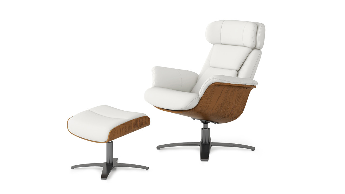 jennifer taylor home Jovan 31.5" Mid-Century Modern Genuine Leather Recliner Lounge Chair & Ottoman Set Porcelain White
