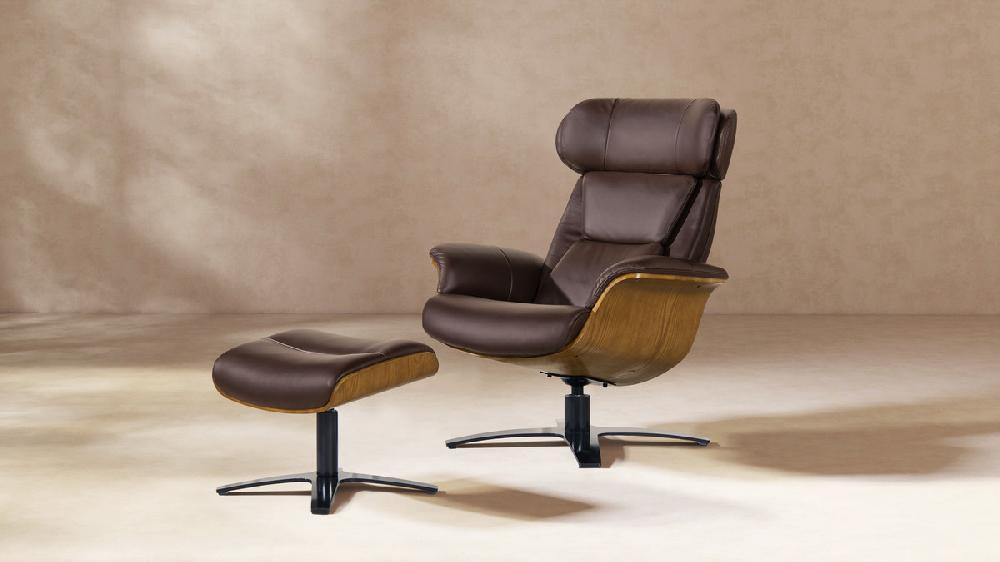 Jennifer Taylor Home Jovan 31.5" Mid-Century Modern Genuine Leather Recliner Lounge Chair & Ottoman Set Cacao Espresso Brown