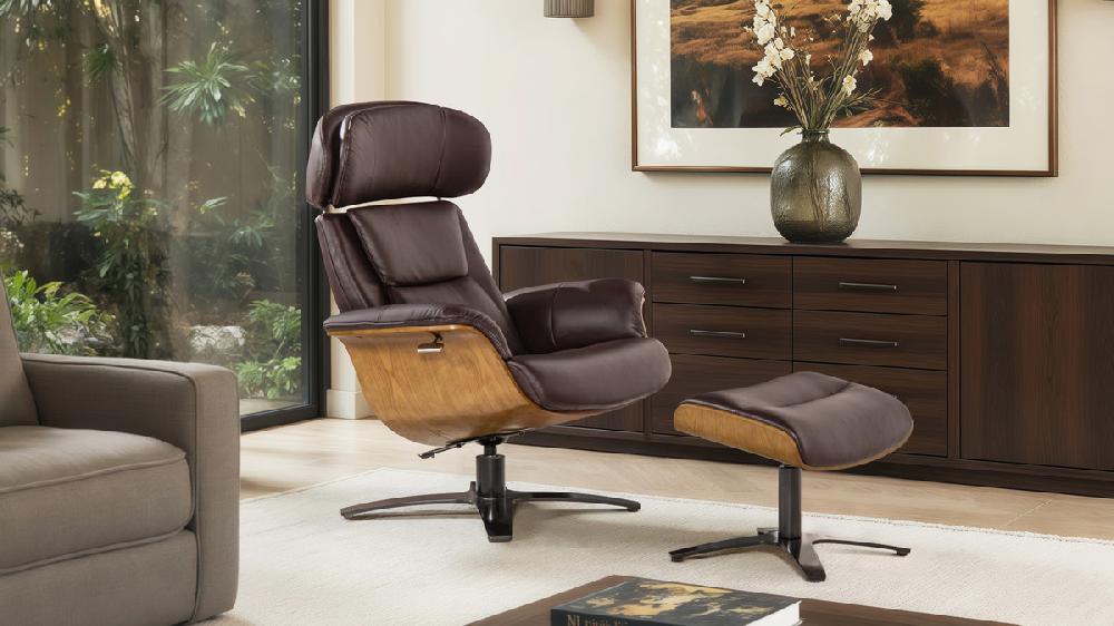 Jennifer Taylor Home Jovan 31.5" Mid-Century Modern Genuine Leather Recliner Lounge Chair & Ottoman Set Cacao Espresso Brown
