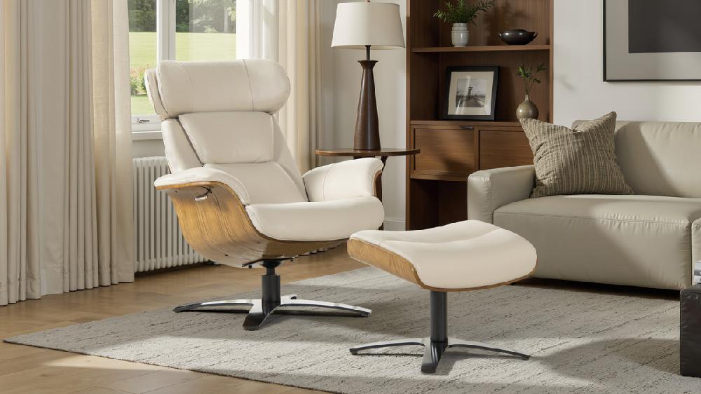 Jennifer Taylor Home Jovan 31.5" Mid-Century Modern Genuine Leather Recliner Lounge Chair & Ottoman Set Pastel Beige