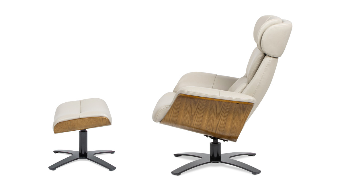 Jennifer Taylor Home Jovan 31.5" Mid-Century Modern Genuine Leather Recliner Lounge Chair & Ottoman Set Pastel Beige