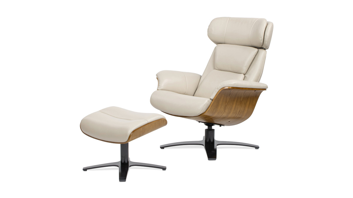 jennifer taylor home Jovan 31.5" Mid-Century Modern Genuine Leather Recliner Lounge Chair & Ottoman Set Pastel Beige