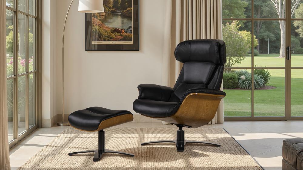 Jennifer Taylor Home Jovan 31.5" Mid-Century Modern Genuine Leather Recliner Lounge Chair & Ottoman Set Shadow Gray