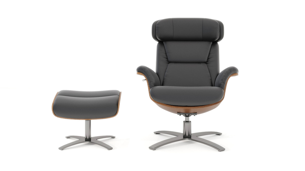 Jennifer Taylor Home Jovan 31.5" Mid-Century Modern Genuine Leather Recliner Lounge Chair & Ottoman Set Shadow Gray