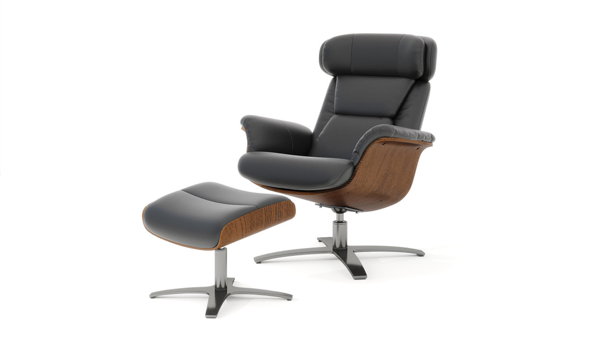 jennifer taylor home Jovan 31.5" Mid-Century Modern Genuine Leather Recliner Lounge Chair & Ottoman Set Shadow Gray