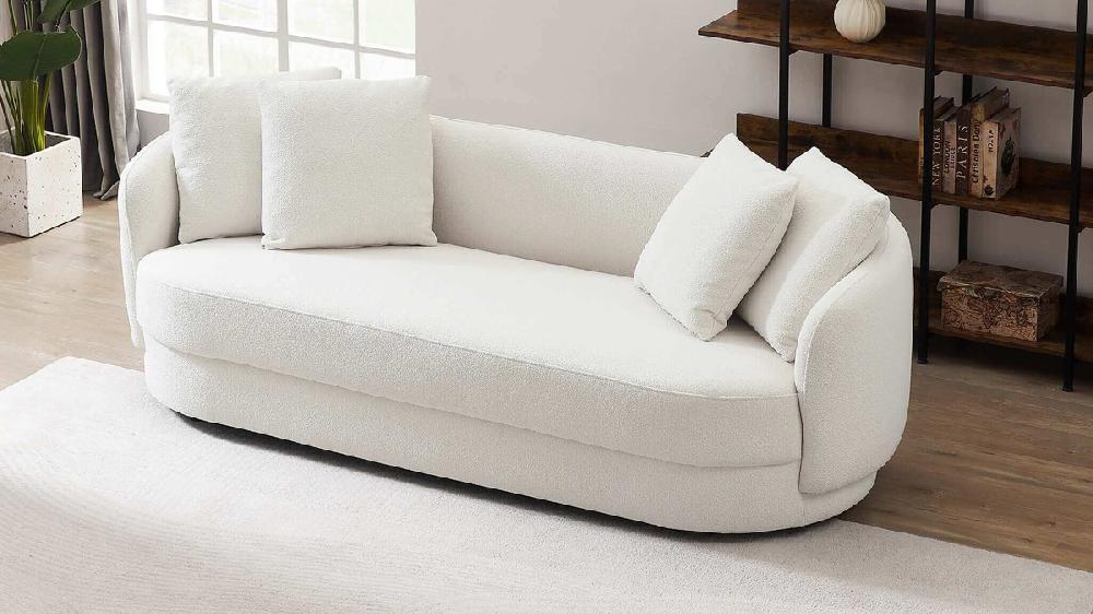Jennifer Taylor Home Kaizu 85" Japandi Style Curved Bouclé Sofa With Recessed Base White