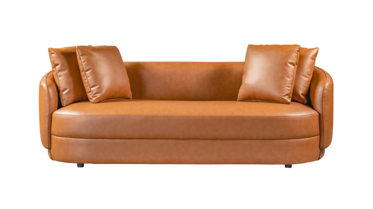 jennifer taylor home Kaizu 85" Japandi Style Curved Composite Leather Sofa with Recessed Base Cognac