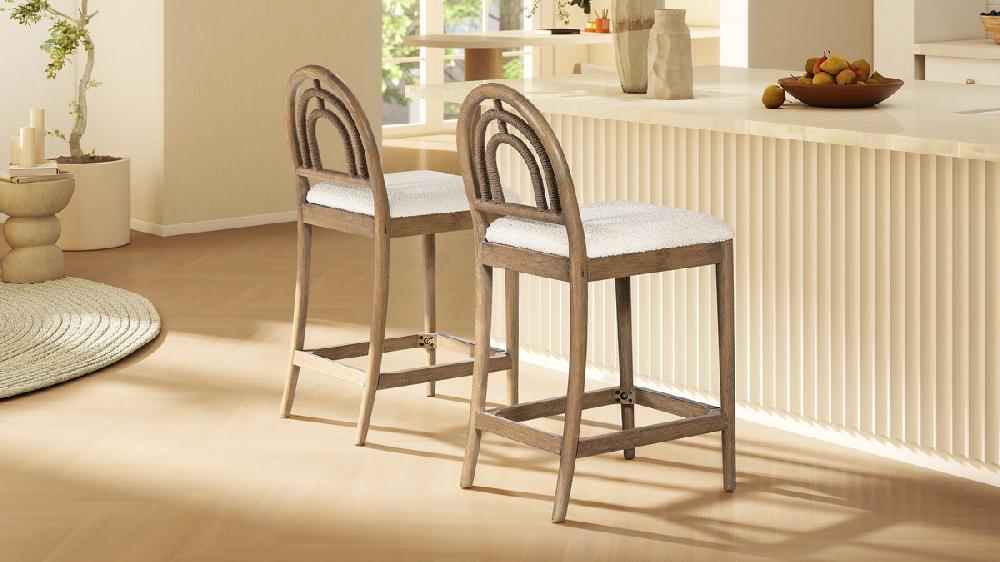 Jennifer Taylor Home Leon 27" Arched Back Wood & Upholstered Counter Stool Set Of 2 Ivory White Bouclé