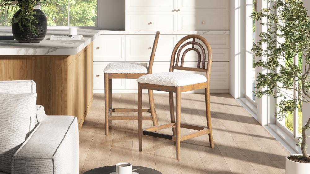 Jennifer Taylor Home Leon 27" Arched Back Wood & Upholstered Counter Stool Set Of 2 Ivory White Bouclé