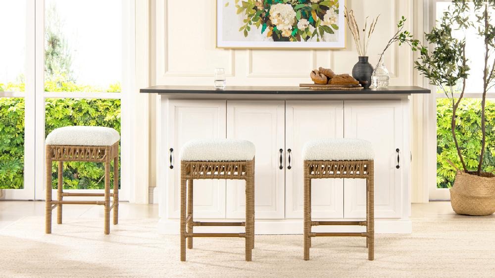 Jennifer Taylor Home Lucia 25.5" Backless Upholstered Counter Stool With Resin Rattan Frame Ivory White Bouclé