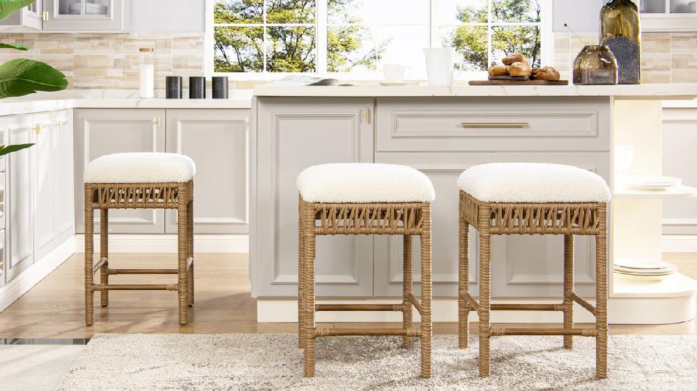 Jennifer Taylor Home Lucia 25.5" Backless Upholstered Counter Stool With Resin Rattan Frame Ivory White Bouclé