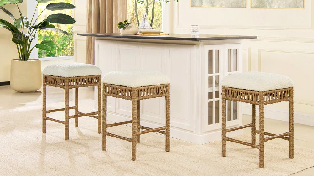 Jennifer Taylor Home Lucia 25.5" Backless Upholstered Counter Stool With Resin Rattan Frame Ivory White Bouclé