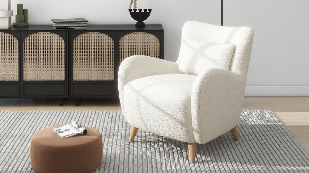 Jennifer Taylor Home Lune 30" Curved Arm Accent Chair With Lumbar Pillow Ivory White Bouclé