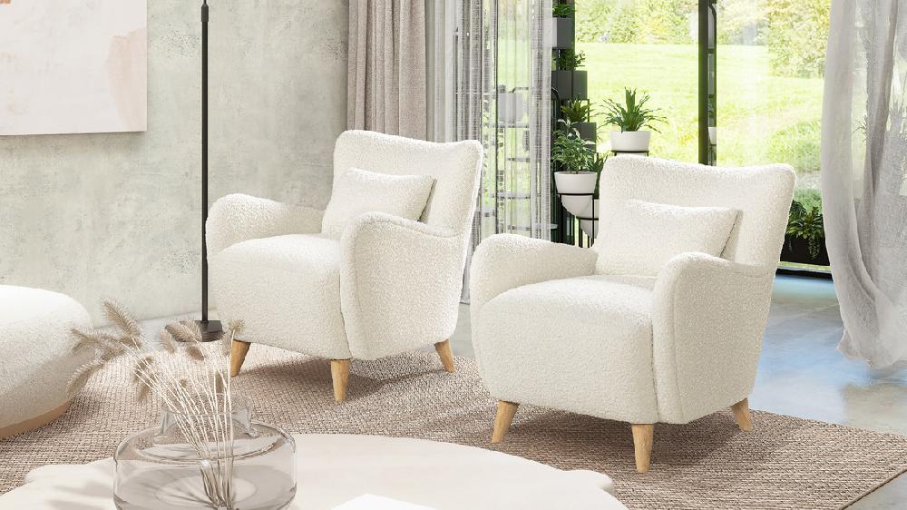 Jennifer Taylor Home Lune 30" Curved Arm Accent Chair With Lumbar Pillow Ivory White Bouclé