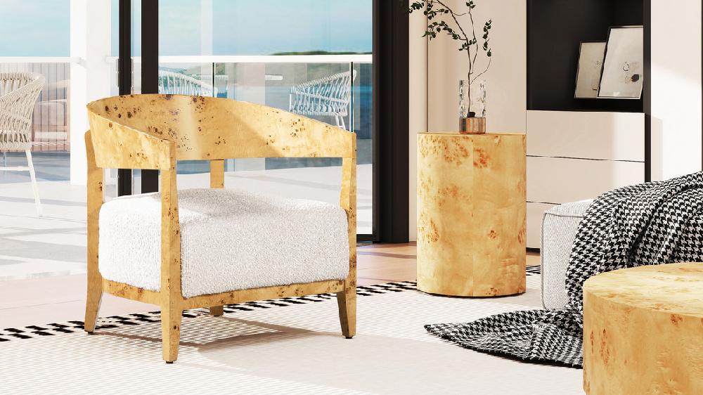 Jennifer Taylor Home Madrid 26.5" Burl Wood Barrel Accent Arm Chair Seashell White