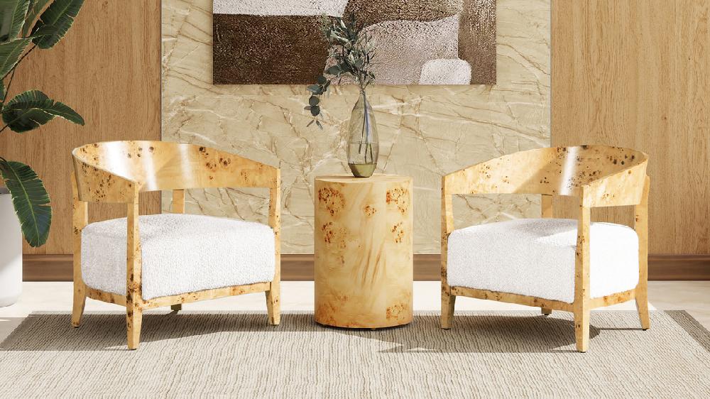 Jennifer Taylor Home Madrid 26.5" Burl Wood Barrel Accent Arm Chair Seashell White