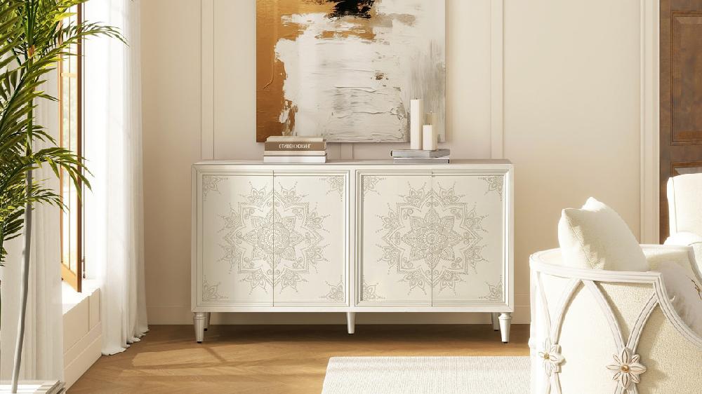 Jennifer Taylor Home Mahal 63" Hand Painted Mandala Lacquered Sideboard Ivory Off-White