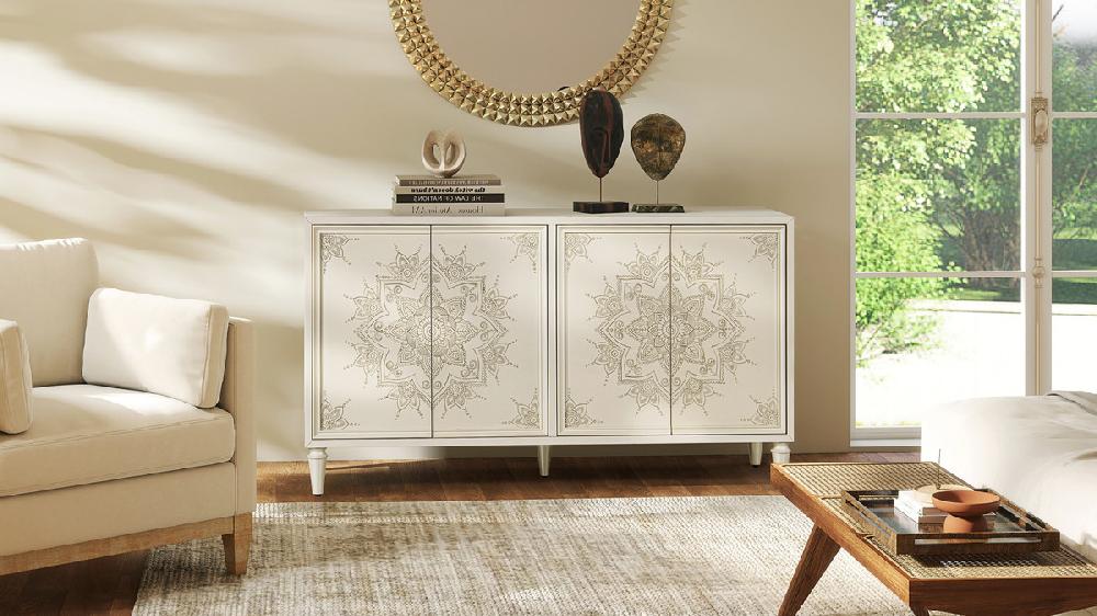 Jennifer Taylor Home Mahal 63" Hand Painted Mandala Lacquered Sideboard Ivory Off-White