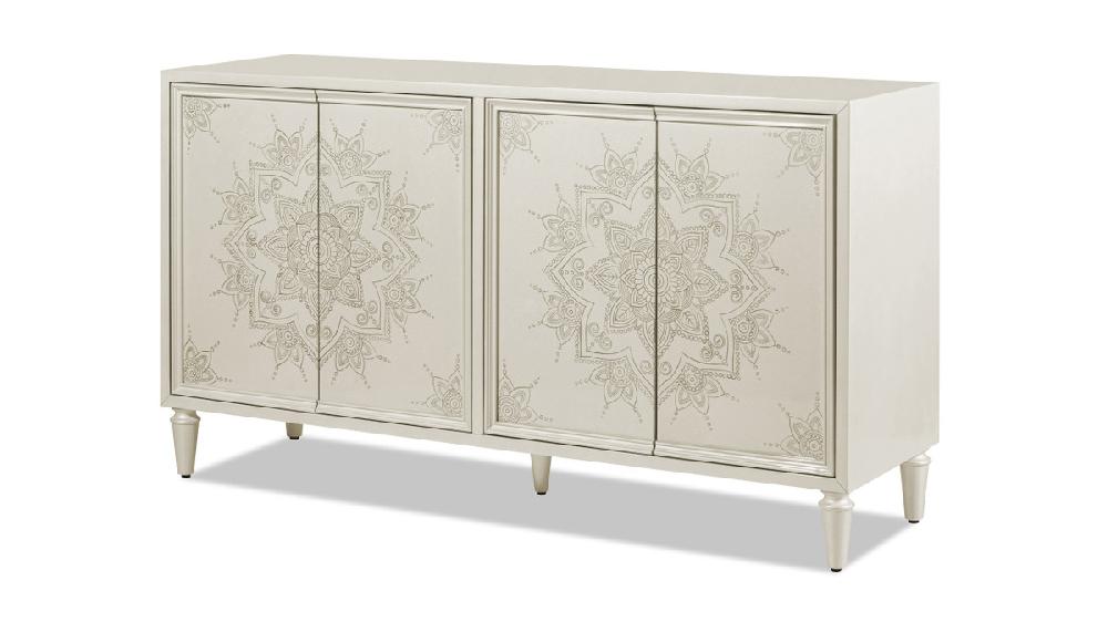 Jennifer Taylor Home Mahal 63" Hand Painted Mandala Lacquered Sideboard Ivory Off-White