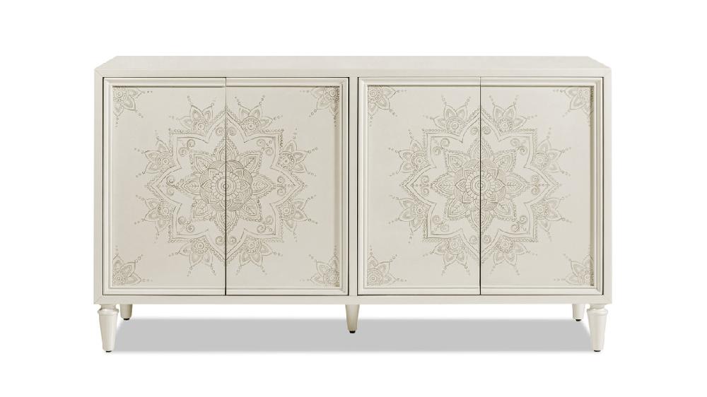 jennifer taylor home Mahal 63" Hand Painted Mandala Lacquered Sideboard Ivory Off-White