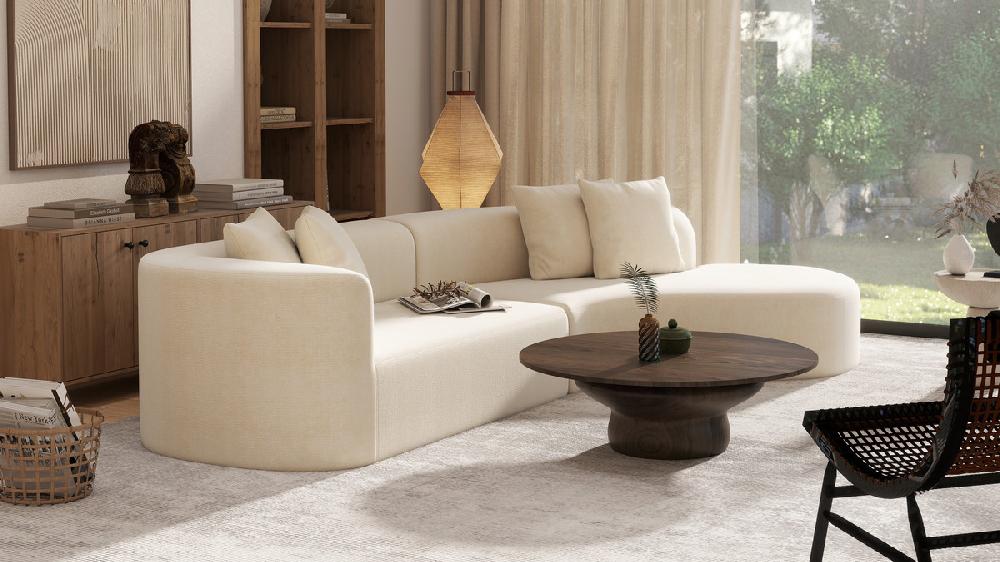Jennifer Taylor Home Mallory 134.5" Sofa-in-a-Box RAF Curved Sectional Sofa Porcelain Light Beige