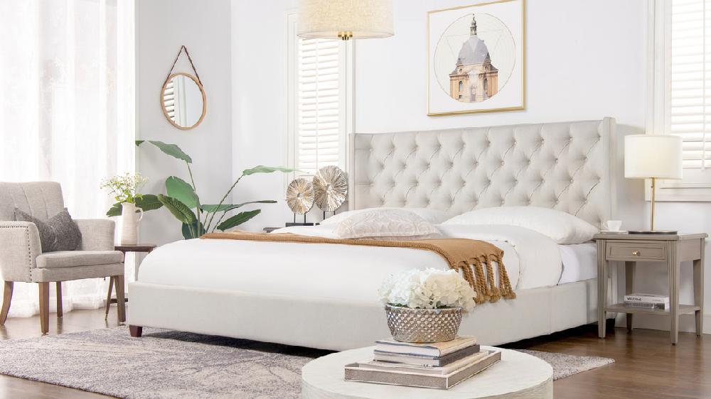 Jennifer Taylor Home Manhattan Shelter King Platform Bed Frame Light Beige