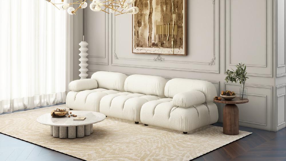 Jennifer Taylor Home Marcel 109.5" Bubble Modular Modern 3-Piece Sofa Ivory White Bouclé