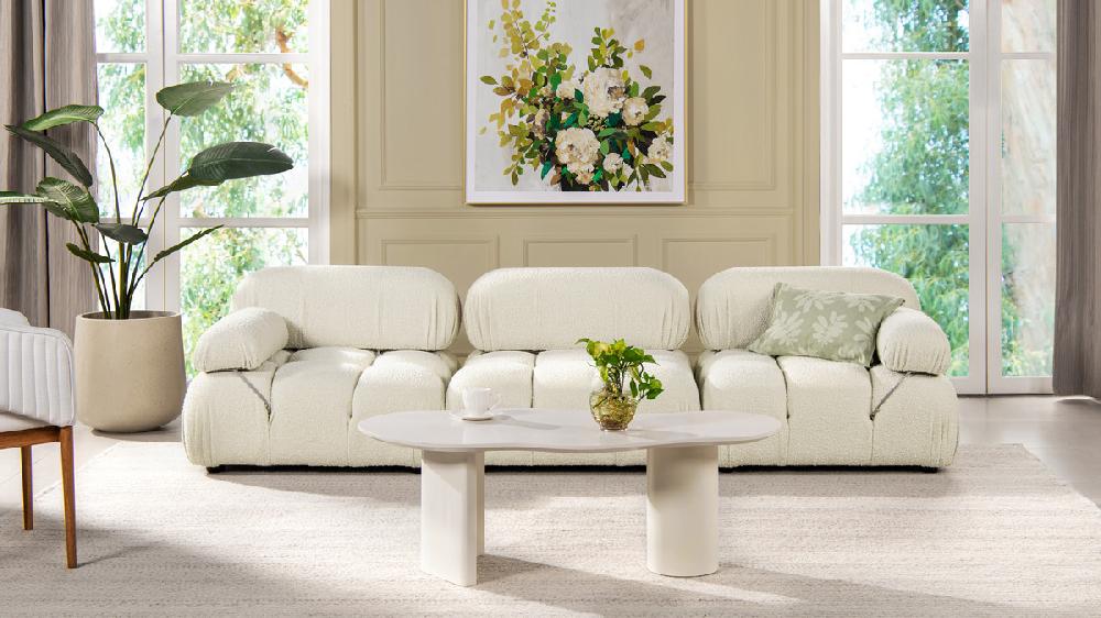 Jennifer Taylor Home Marcel 109.5" Bubble Modular Modern 3-Piece Sofa Ivory White Bouclé
