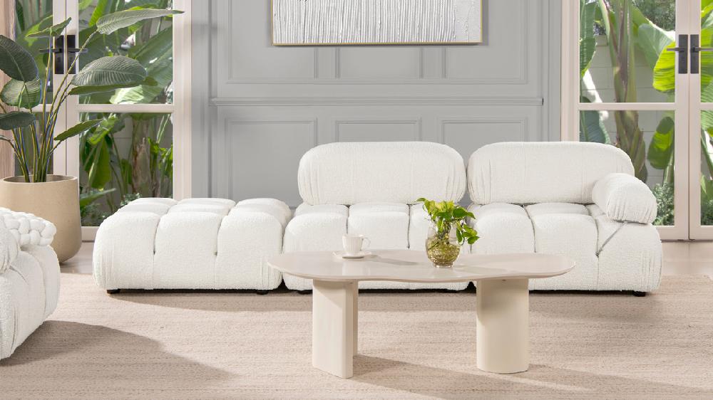 Jennifer Taylor Home Marcel 109.5" Bubble Modular Modern Chaise Single Arm 3-Piece Sofa Ivory White Bouclé