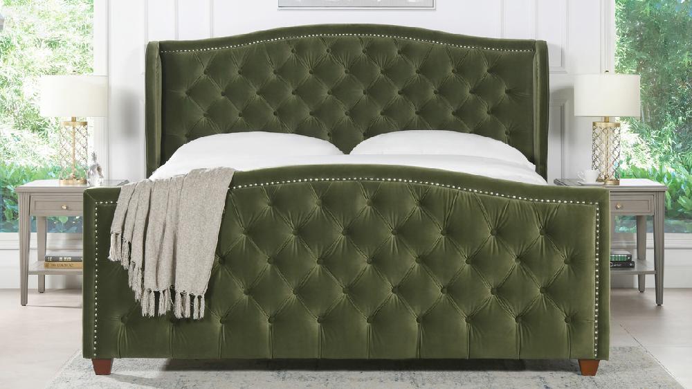 Jennifer Taylor Home Marcella Upholstered Shelter Headboard Bed Set King Olive Green
