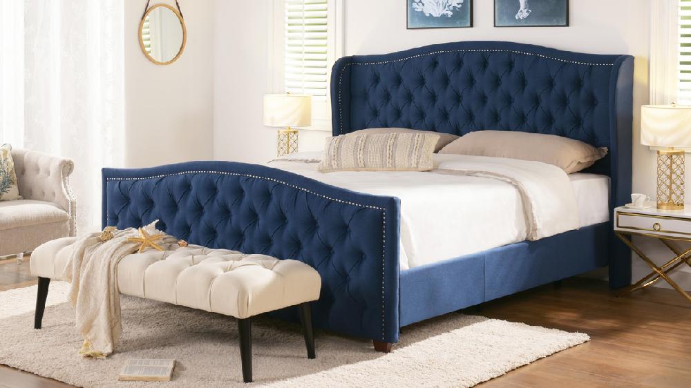 Jennifer Taylor Home Marcella Upholstered Shelter Headboard Bed Set King Dark Sapphire Blue