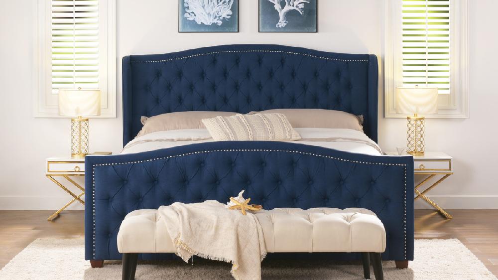Jennifer Taylor Home Marcella Upholstered Shelter Headboard Bed Set King Dark Sapphire Blue