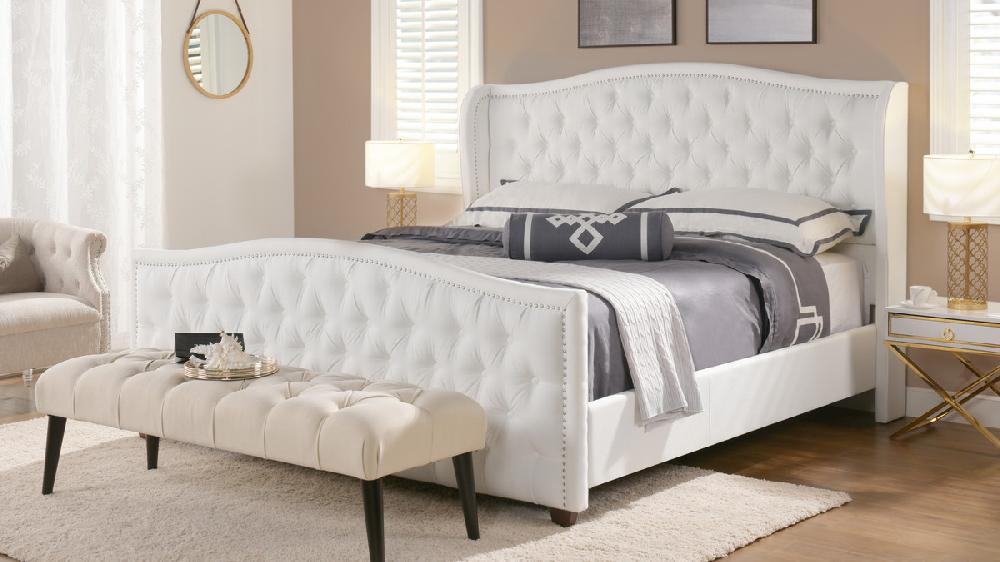 Jennifer Taylor Home Marcella Upholstered Shelter Headboard Bed Set King Bright White