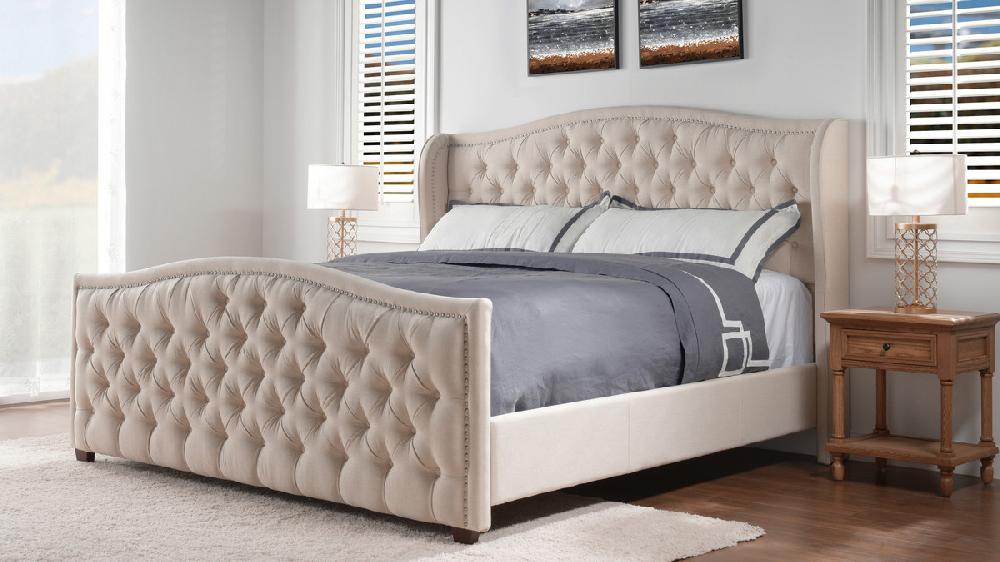 Jennifer Taylor Home Marcella Upholstered Shelter Headboard Bed Set King Sky Neutral Beige