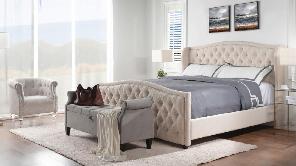 Jennifer Taylor Home Marcella Upholstered Shelter Headboard Bed Set King Sky Neutral Beige