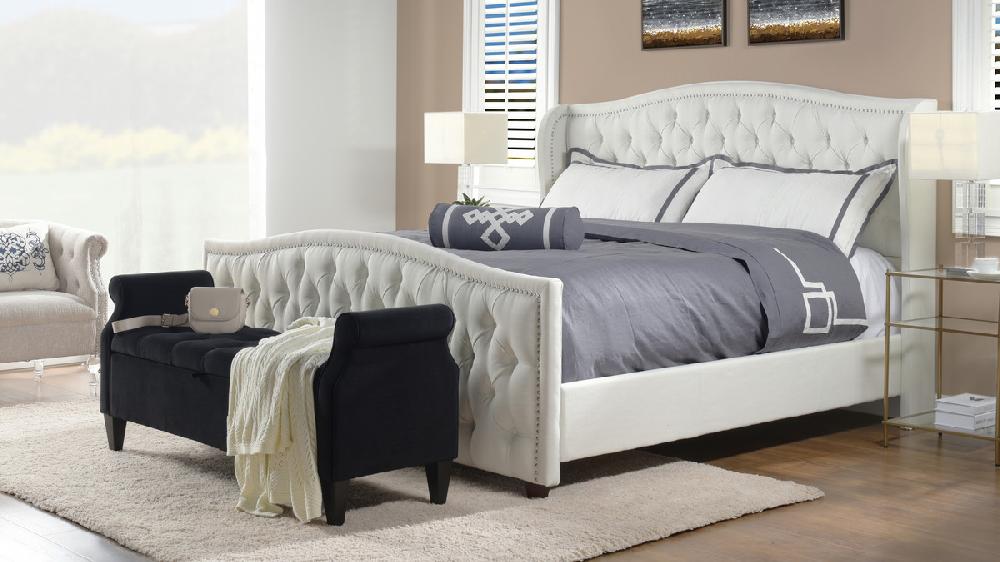 Jennifer Taylor Home Marcella Upholstered Shelter Headboard Bed Set King Antique White