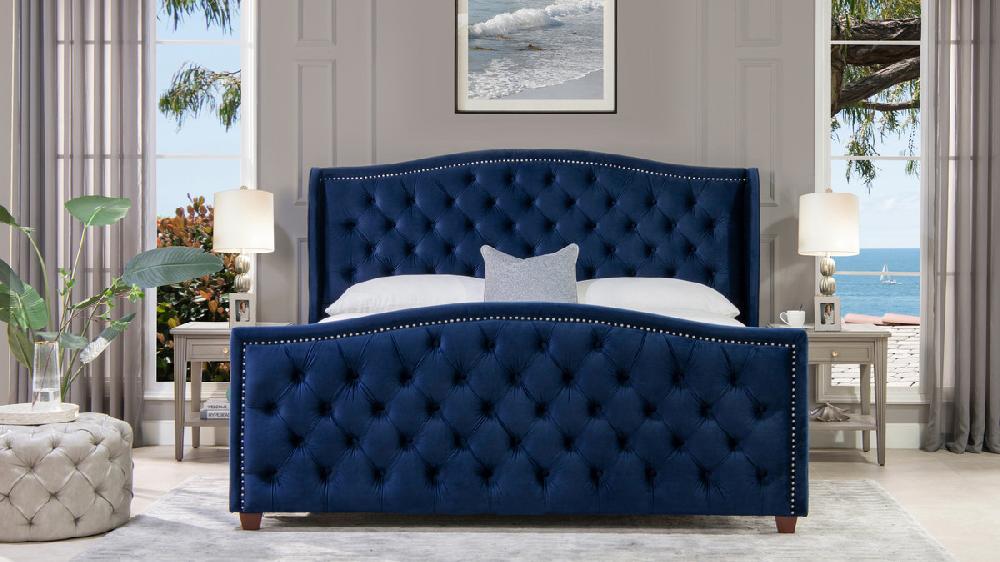Jennifer Taylor Home Marcella Upholstered Shelter Headboard Bed Set King Navy Blue