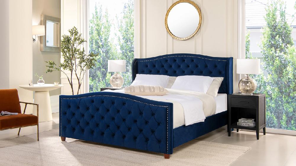 Jennifer Taylor Home Marcella Upholstered Shelter Headboard Bed Set King Navy Blue